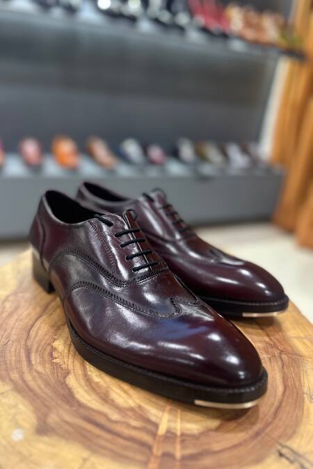 Fellmonger_Burgundy Mirror Glossed Patina Wingtip Oxfords _at_Aza_Fashions