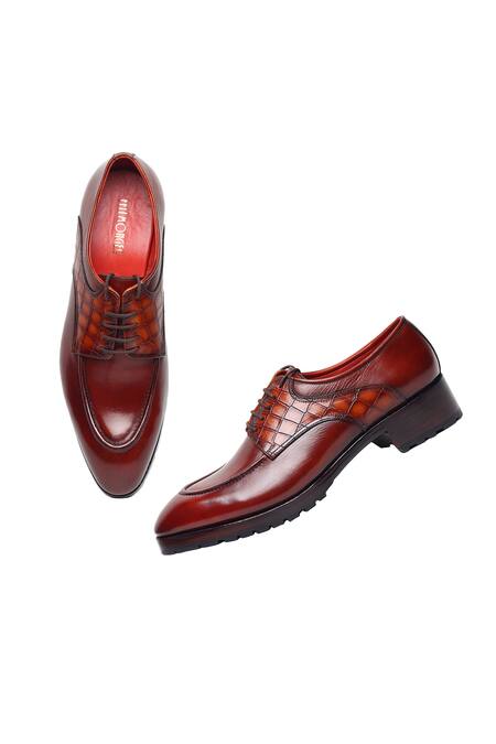 Shop_Fellmonger_Brown Croco Textured Pattern Derby Shoes _Online_at_Aza_Fashions