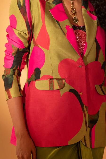 Buy_Sshilpa Samriya_Green Silk, Crepe Sequins, Beads Round Neck Draped Skirt Set With Printed Blazer _Online_at_Aza_Fashions