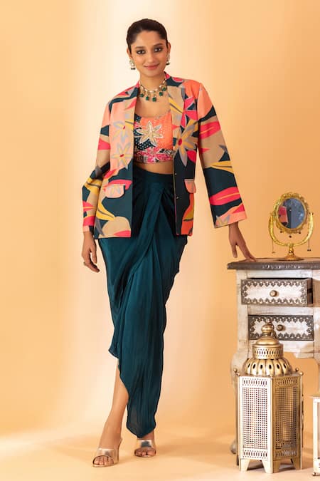 SSHILPA SAMRIYA Solid Draped Skirt Set With Printed Blazer 