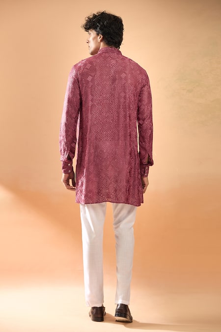 Shop_Spring Break_Maroon Viscose, Cotton Satin Embroidery Lucknowi Kurta With Pant _at_Aza_Fashions