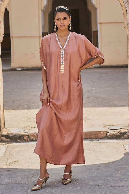 Dash And Dot_Peach Polyester, Acrylic, Tencel Mirrors, Applique V-neck Mirrorwork Kaftan _Online_at_Aza_Fashions