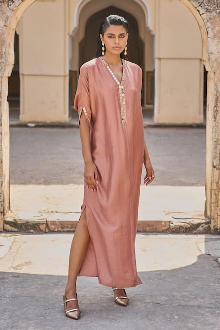 Buy_Dash And Dot_Peach Polyester, Acrylic, Tencel Mirrors, Applique V-neck Mirrorwork Kaftan _Online_at_Aza_Fashions