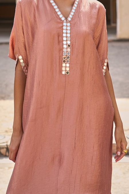 Shop_Dash And Dot_Peach Polyester, Acrylic, Tencel Mirrors, Applique V-neck Mirrorwork Kaftan _Online_at_Aza_Fashions