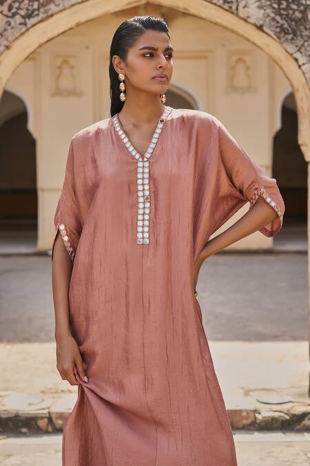 Dash And Dot_Peach Polyester, Acrylic, Tencel Mirrors, Applique V-neck Mirrorwork Kaftan _at_Aza_Fashions