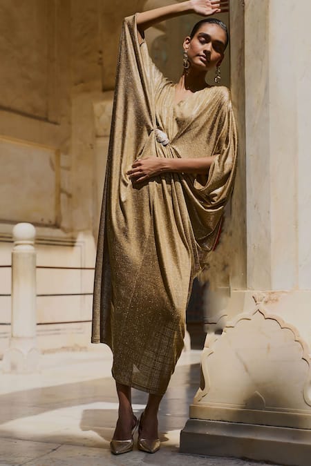 Dash And Dot_Gold Polyester Embroidery V-neck Shimmer Knitted Embellished Kaftan _Online_at_Aza_Fashions