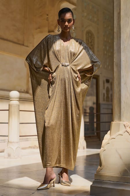 Buy_Dash And Dot_Gold Polyester Embroidery V-neck Shimmer Knitted Embellished Kaftan _Online_at_Aza_Fashions