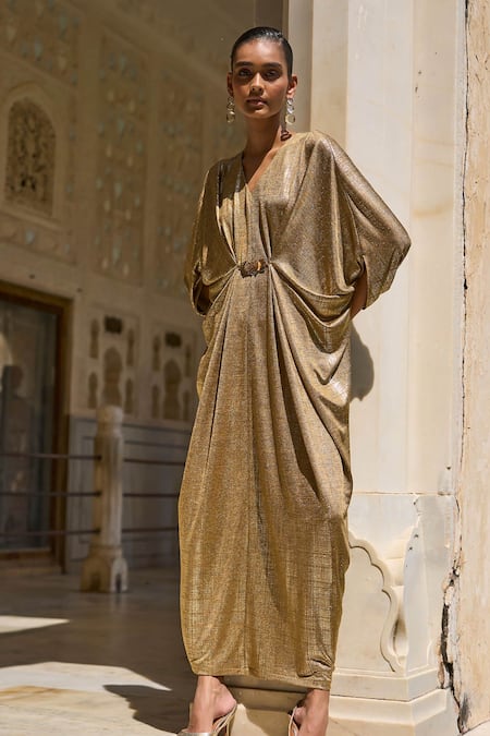 Shop_Dash And Dot_Gold Polyester Embroidery V-neck Shimmer Knitted Embellished Kaftan _Online_at_Aza_Fashions