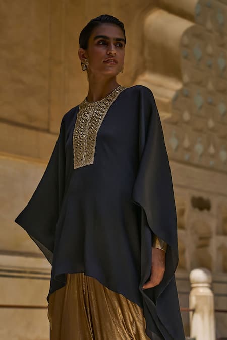 Shop_Dash And Dot_Black Polyester Gota Patti Round Neck Embellished Kaftan _Online_at_Aza_Fashions