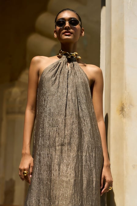 Dash And Dot_Gold Silk, Cotton, Lurex Chains Halter Neck Textured Crinkled Dress _Online_at_Aza_Fashions