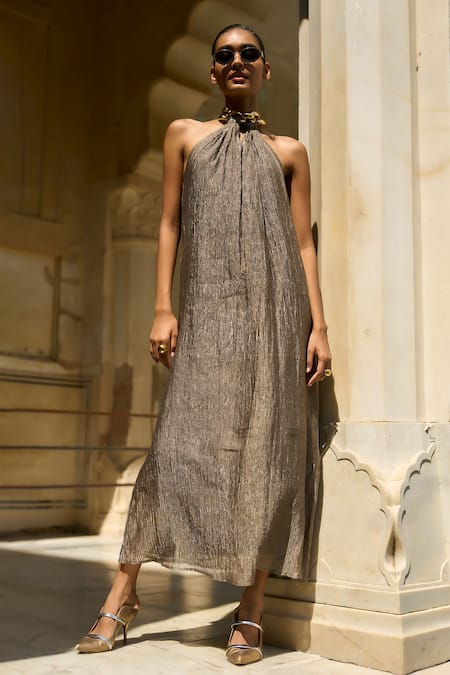Buy_Dash And Dot_Gold Silk, Cotton, Lurex Chains Halter Neck Textured Crinkled Dress _Online_at_Aza_Fashions