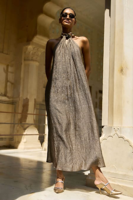Shop_Dash And Dot_Gold Silk, Cotton, Lurex Chains Halter Neck Textured Crinkled Dress _Online_at_Aza_Fashions