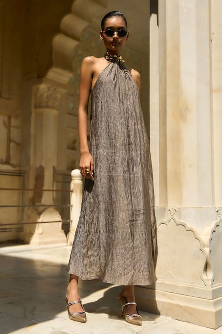 Dash And Dot_Gold Silk, Cotton, Lurex Chains Halter Neck Textured Crinkled Dress _at_Aza_Fashions