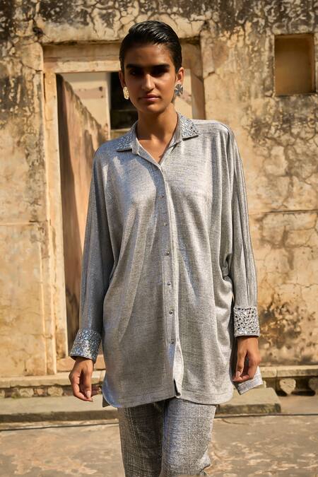 Dash And Dot_Silver Polyester Mirrors, Applique Collared Mirrorwork Shimmer Shirt Tunic _at_Aza_Fashions