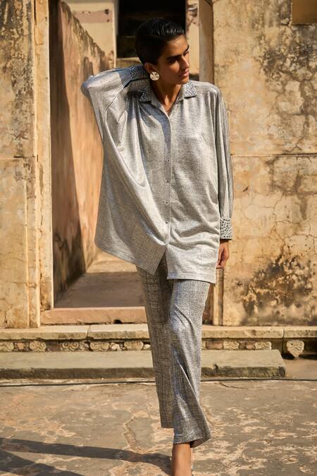 Buy_Dash And Dot_Silver Polyester Mirrors, Applique Collared Mirrorwork Shimmer Shirt Tunic 