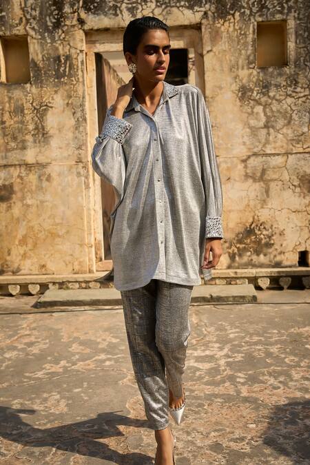 Shop_Dash And Dot_Silver Polyester Mirrors, Applique Collared Mirrorwork Shimmer Shirt Tunic 