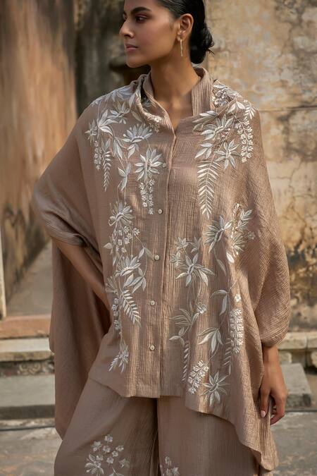 Dash And Dot Beige Nylon, Rayon Embroidery Shawl Neck Thread Cape Top Online at Aza Fashions Dash And Dot_Beige Nylon, Rayon Embroidery Shawl Neck Thread Cape Top _Online_at_Aza_Fashions
