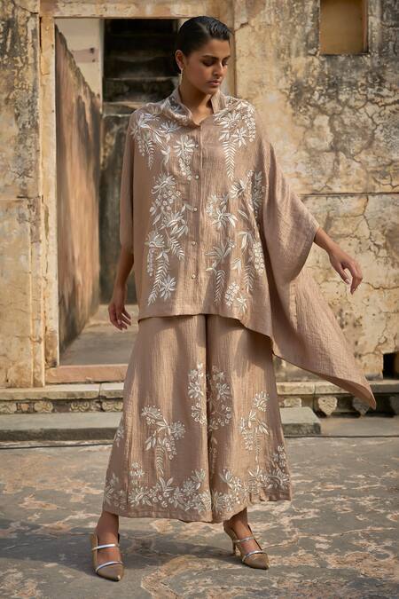 Shop Dash And Dot Beige Nylon, Rayon Embroidery Shawl Neck Thread Cape Top Online at Aza Fashions Shop_Dash And Dot_Beige Nylon, Rayon Embroidery Shawl Neck Thread Cape Top _Online_at_Aza_Fashions