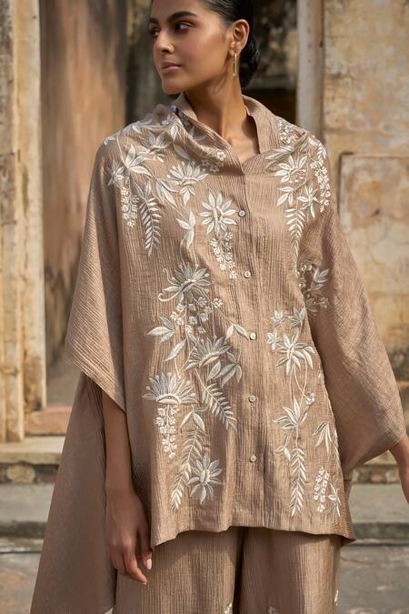 Buy Dash And Dot Beige Nylon, Rayon Embroidery Shawl Neck Thread Cape Top Buy_Dash And Dot_Beige Nylon, Rayon Embroidery Shawl Neck Thread Cape Top
