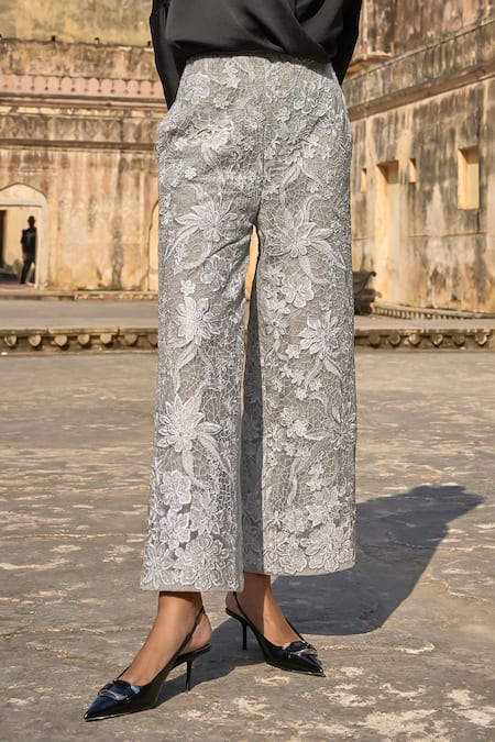 Buy Dash And Dot Grey Nylon Embroidery Floral Pant Online at Aza Fashions Buy_Dash And Dot_Grey Nylon Embroidery Floral Pant _Online_at_Aza_Fashions
