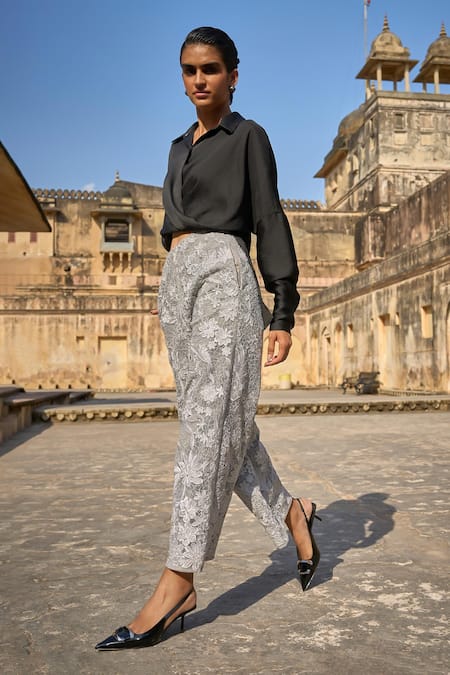 Shop Dash And Dot Grey Nylon Embroidery Floral Pant Online at Aza Fashions Shop_Dash And Dot_Grey Nylon Embroidery Floral Pant _Online_at_Aza_Fashions