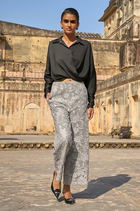 Dash And Dot Grey Nylon Embroidery Floral Pant at Aza Fashions Dash And Dot_Grey Nylon Embroidery Floral Pant _at_Aza_Fashions