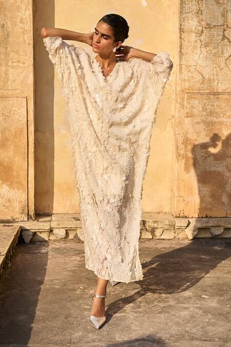 Dash And Dot_Ivory Polyester Sequins V-neck Paillette Embellished Kaftan With Inner _at_Aza_Fashions
