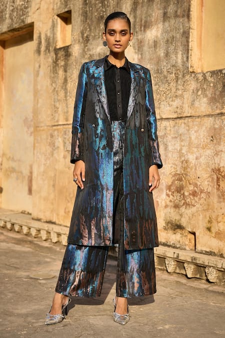 Dash And Dot_Blue Polyester Collared Ombre Pattern Laser Cut Applique Long Brocade Jacket _Online_at_Aza_Fashions