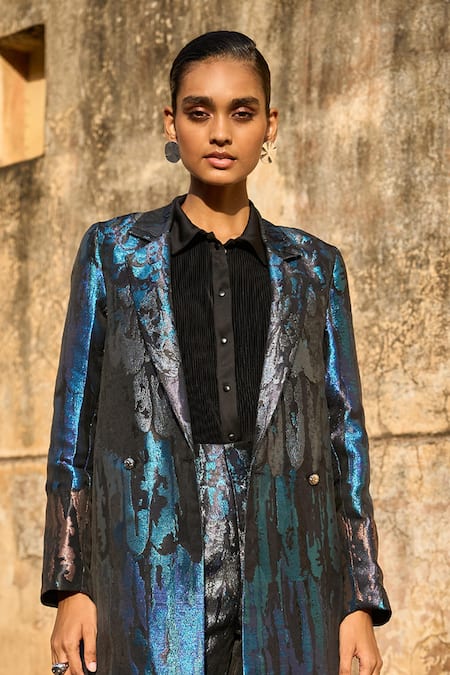 Buy_Dash And Dot_Blue Polyester Collared Ombre Pattern Laser Cut Applique Long Brocade Jacket _Online_at_Aza_Fashions