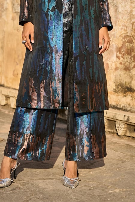 Shop_Dash And Dot_Blue Polyester Collared Ombre Pattern Laser Cut Applique Long Brocade Jacket _Online_at_Aza_Fashions