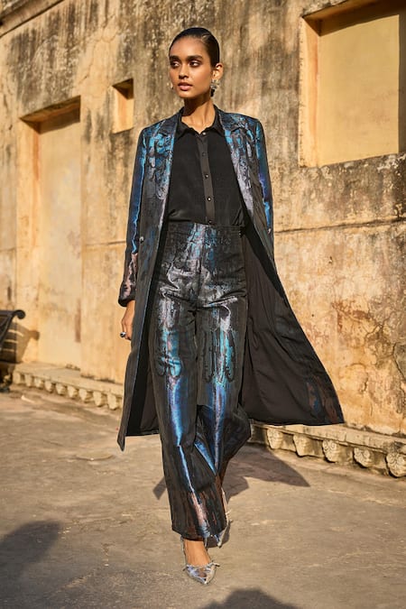 Buy_Dash And Dot_Blue Polyester Collared Ombre Pattern Laser Cut Applique Long Brocade Jacket 