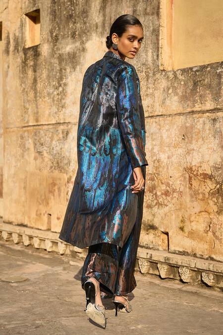 Shop Dash And Dot Blue Polyester Wide Legged High Waist Brocade Pant at Aza Fashions Shop_Dash And Dot_Blue Polyester Wide Legged High Waist Brocade Pant _at_Aza_Fashions