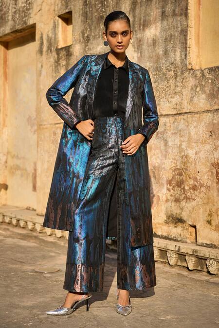 Dash And Dot Blue Polyester Wide Legged High Waist Brocade Pant Online at Aza Fashions Dash And Dot_Blue Polyester Wide Legged High Waist Brocade Pant _Online_at_Aza_Fashions