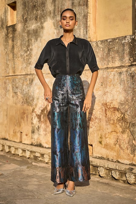 Shop Dash And Dot Blue Polyester Wide Legged High Waist Brocade Pant Online at Aza Fashions Shop_Dash And Dot_Blue Polyester Wide Legged High Waist Brocade Pant _Online_at_Aza_Fashions