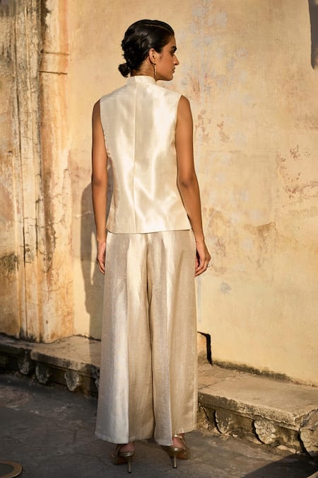 Shop_Dash And Dot_Ivory Rayon Solid Brocade Wide Legged Pant _at_Aza_Fashions