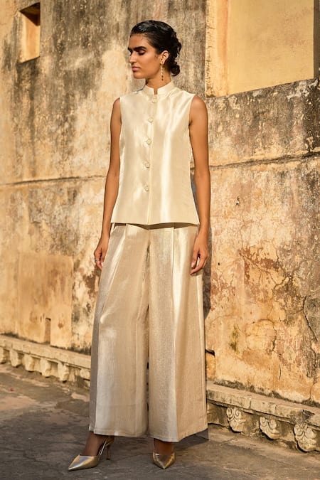 Buy_Dash And Dot_Ivory Rayon Solid Brocade Wide Legged Pant _Online_at_Aza_Fashions