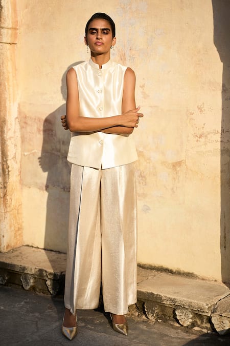 Shop_Dash And Dot_Ivory Rayon Solid Brocade Wide Legged Pant _Online_at_Aza_Fashions