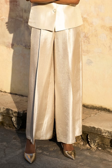 Dash And Dot_Ivory Rayon Solid Brocade Wide Legged Pant _at_Aza_Fashions