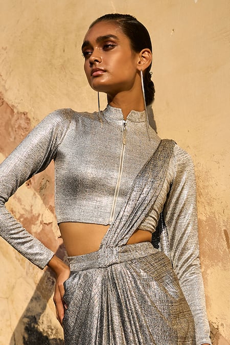 Buy Dash And Dot Silver Polyester Sequins, Embroidery Shimmering Draped Skirt With Attached Online at Aza Fashions Buy_Dash And Dot_Silver Polyester Sequins, Embroidery Shimmering Draped Skirt With Attached _Online_at_Aza_Fashions