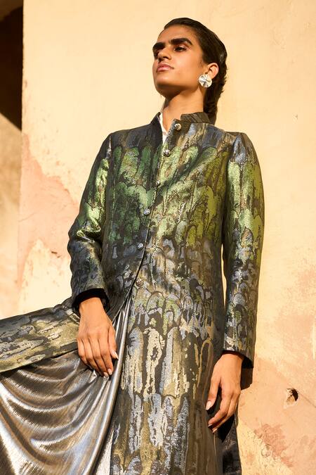 Dash And Dot_Grey Polyester Bandeau Neck Ombre Pattern Long Brocade Jacket _Online_at_Aza_Fashions