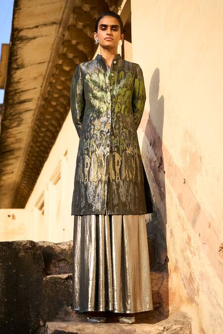 Buy_Dash And Dot_Grey Polyester Bandeau Neck Ombre Pattern Long Brocade Jacket _Online_at_Aza_Fashions