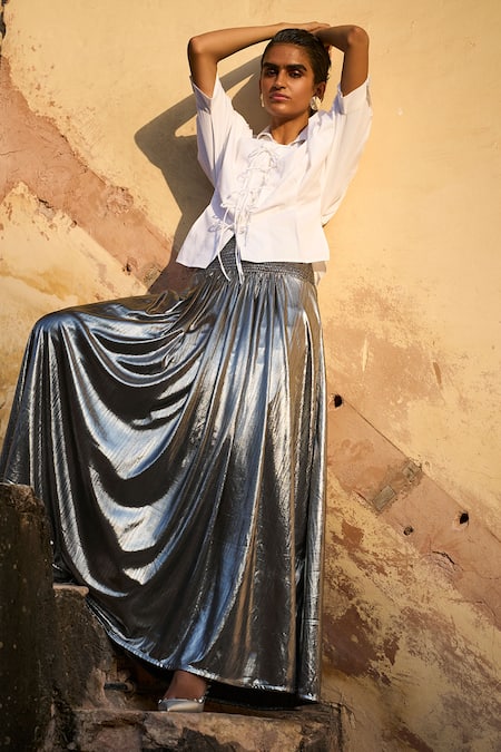 Shop_Dash And Dot_Silver Polyester Smocked Waist Metallic Maxi Skirt _at_Aza_Fashions