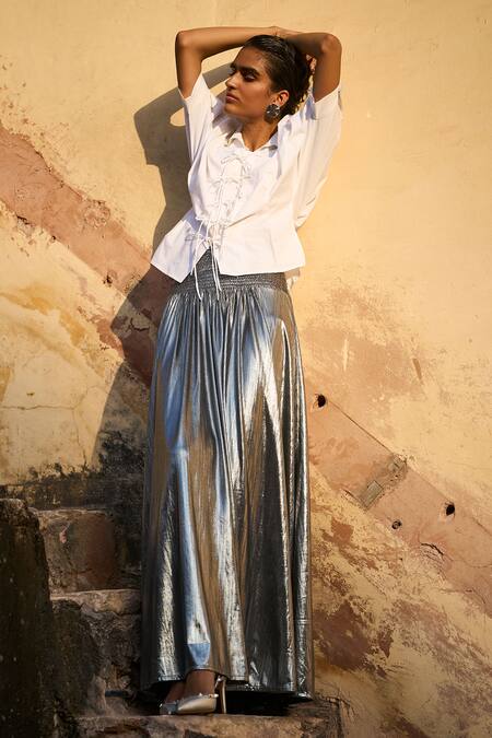 Dash And Dot_Silver Polyester Smocked Waist Metallic Maxi Skirt _Online_at_Aza_Fashions