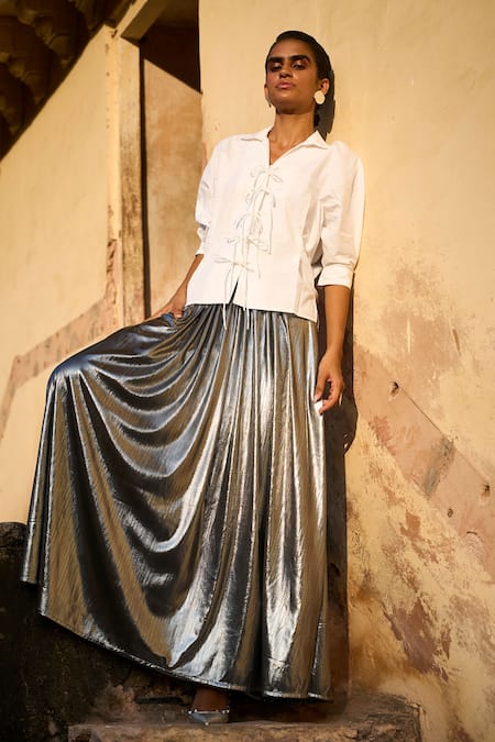 Buy_Dash And Dot_Silver Polyester Smocked Waist Metallic Maxi Skirt _Online_at_Aza_Fashions