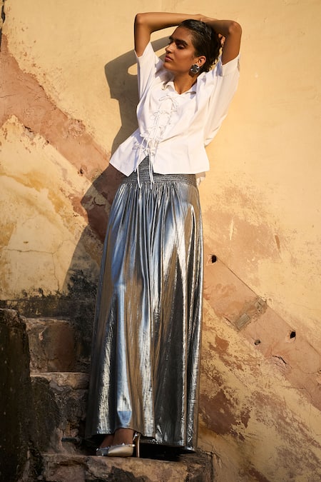 Shop_Dash And Dot_Silver Polyester Smocked Waist Metallic Maxi Skirt _Online_at_Aza_Fashions