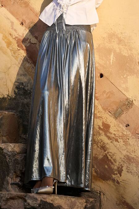 Dash And Dot_Silver Polyester Smocked Waist Metallic Maxi Skirt _at_Aza_Fashions