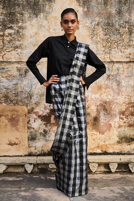 Dash And Dot_Black Cotton, Lurex Checkered Pattern Draped Saree Skirt _Online_at_Aza_Fashions