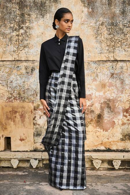 Buy_Dash And Dot_Black Cotton, Lurex Checkered Pattern Draped Saree Skirt _Online_at_Aza_Fashions