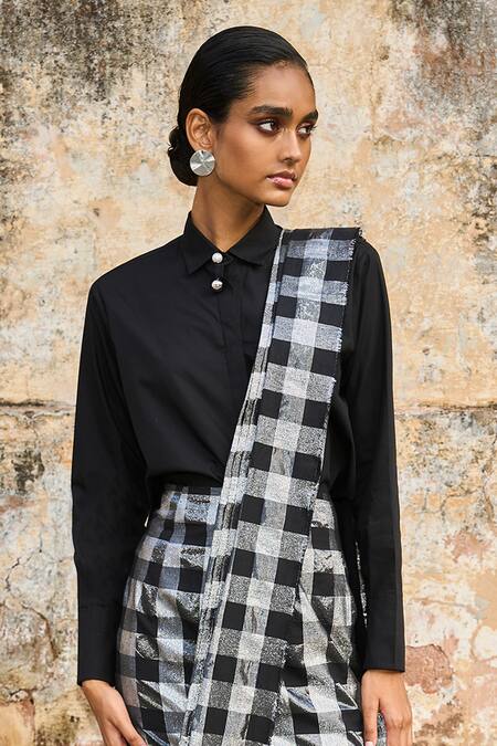 Shop_Dash And Dot_Black Cotton, Lurex Checkered Pattern Draped Saree Skirt _Online_at_Aza_Fashions