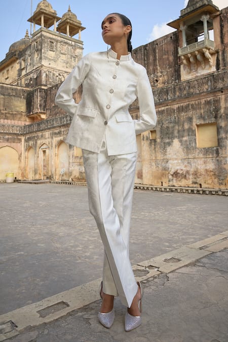 Dash And Dot Jacquard Floral Pattern Jacket With Pant 